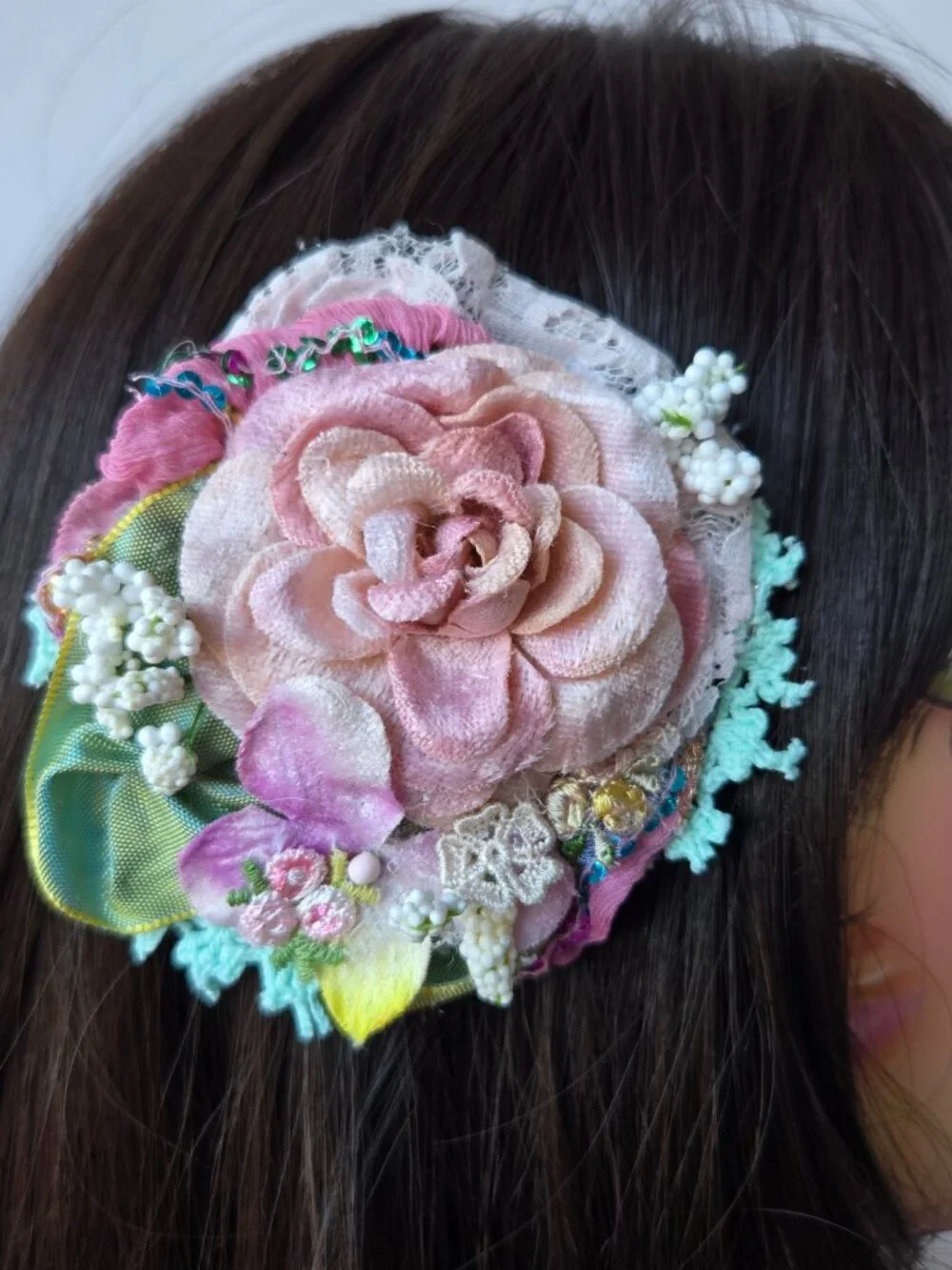 Handmade Blush Pink Velvet Rose and Lace Posey Hair Clip • Cottage Balletcore